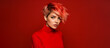 © fabioderby - Caucasian woman haircut, pixiecut hairstyle fashion portrait banner on red background