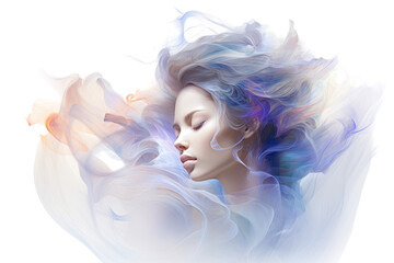 Poster - conceptual illustration of a woman with blue swirling abstract shape surrounding isolated on a trans