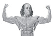 Muscular Benjamin Franklin showing double biceps isolated on white background. Strong dollar symbol of stability and security
