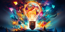 Artistic, Abstract Representation Of An Innovative Idea. Bright Lightbulb Exploding Into A Kaleidoscope Of Colors, Surreal Environment, Floating Geometrical Shapes. Detailed, Vibrant, And Imaginative