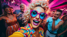Pop Art Style, Image Of An Influencer Taking A Group Selfie At A Party, Bright Colors, Exaggerated Facial Expressions, Fun Vibe