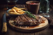Grilled Steak And French Fries On Wooden Plate.Closeup View