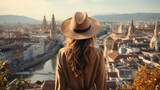 Fototapeta Londyn -  Elegant Woman with a Hat Takes a Leisurely Stroll Through European Streets, Immersing Herself in the Rich Architectural Heritage of the City