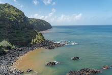 Landscape In Sao Miguel Island With Volcanic Rocks Touching The Sea. 