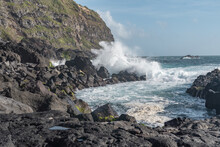 The Sea Meeting The Volcanic Rocks On The Island Of Sao Miguel In The Azores. 