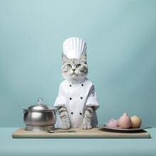 Cat As A Chef In A Chefs Clothes, Serving You French Soup.