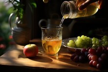 Woman Pouring Grape Apple Juice From Jug Into Glass.