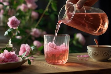 Canvas Print - Woman pouring roses juice from jug into glass.