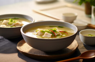 White Fish Miso Soup topped with chopped green onion, chili, and fish slices.