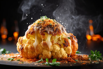 Baked Whole Cauliflower with Cheese. A centerpiece dish featuring roasted cauliflower dish seasoned with aromatic herbs, spices and cheese served on dark plate.