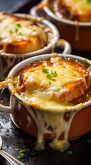 French Onion Soup. Bowl of hot Onion Soup, served in a clay pot and topped with a golden, melty cheese crouton.