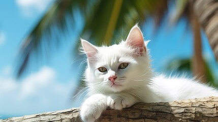 Wall Mural - cute white cat relaxing on the tropical beach, blurry background