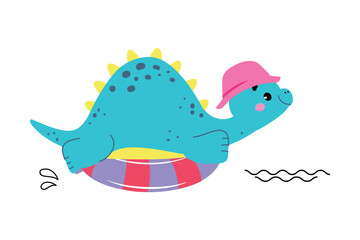 Wall Mural - Cute Baby Dino Character Swim with Rubber Ring Enjoy Summer Vector Illustration