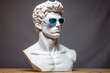 Ancient bust of a man wearing sunglasses, sculpture with glasses. Sculpture in modern glasses, minimal concept art. AI generated image.