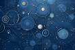 Dark blue abstract background with circles, lines, and glowing elements