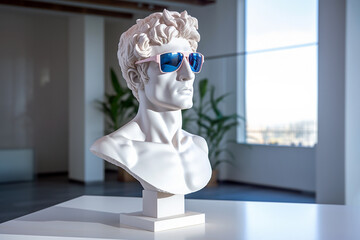 Wall Mural - Ancient bust of a man wearing sunglasses, sculpture with glasses. Sculpture in modern glasses, minimal concept art. AI generated image.