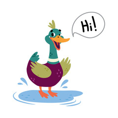 Wall Mural - Funny Dabbling Duck Character Greeting Saying Hi Vector Illustration