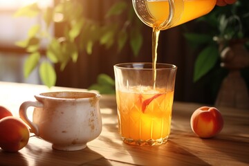 Poster - Woman pouring peach juice from jug into glass.