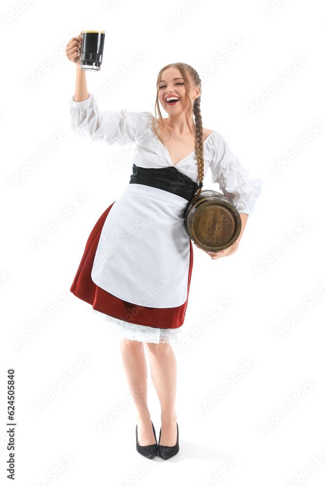 Beautiful Octoberfest waitress with beer and barrel on white background