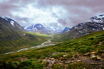 galdhopiggen, norway - july 3rd, 2023: the mountain landscape on the hike to the peak of galdhopigge
