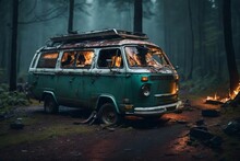 A Destroyed Burned And Crashed Wrecked 70s Camping Van