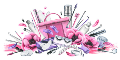 Wall Mural - Pink cosmetic bag with beauty master's tools for eyelash extension and lamination, with brushes, silicone rollers. Watercolor illustration, hand drawn. Isolated composition on a white background