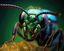 A Photorealistic Image Of A Super Macro Shot Of Cuckoo Wasp,  Macro Lens, Emphasizing The Detail And Realism Of Image. Generative AI
