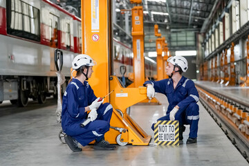 Wall Mural - Engineers inspecting locomotive in railway engineering facility