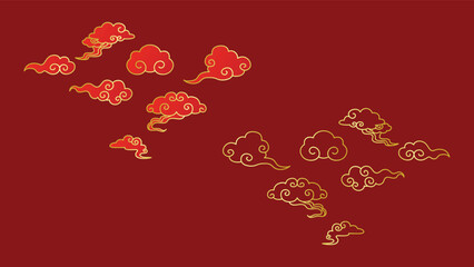 Traditional chinese golden clouds vector set. Auspicious chinese clouds symbols, decorative elements for cny, spring festival or lunar new year in Asia. Nature oriental pattern.