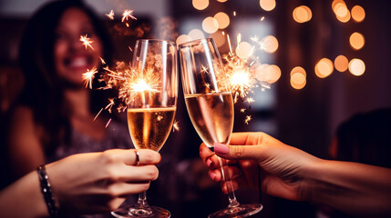 couple raising glasses of champagne surrounded by friends with sparklers. Generative Ai. 