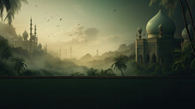 Mosque Silhouette, Mawlid. Web Banner With Copy Space. Generative AI