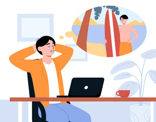 Man at work dream about beach concept. Young guy sits near laptop and think about surfing in tropical countries. Lazy employee at office. Manager dreaming about sea. Cartoon flat vector illustration