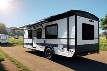 Solar Panels On Roof Of A Travel Trailer. Eco-friendly Mobile Home. Green Renewable Energy. Camper Van With Solar Panels On Roof In Summer Mountains Landscape. National Tourist Route. Generative AI.