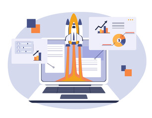 Wall Mural - progress in computer concept. laptop with rocketship, operating system optimization. modern technolo