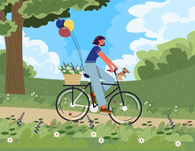 Cycling In Spring Concept. Woman At Bicycle In Forest. Active Lifestyle, Travel And Leisure. Environmentally Friendly Transport. Owner With Pet, Girl With Dog. Cartoon Flat Vector Illustration