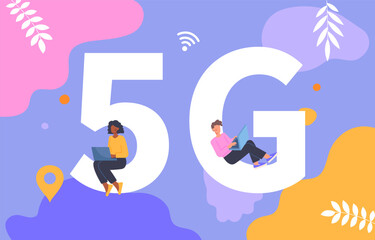 Wall Mural - people with 5g concept. man and woman with wireless connection. modern technologies and innovations.