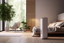 White Modern Design Air Purifier, Dehumidifier In Beige Brown Wall Bedroom, Gray Cover Sheet Bed, Tropical Palm Tree In Sunlight On Wood Parquet Floor For Healthcare, Health Technology Background 3D.