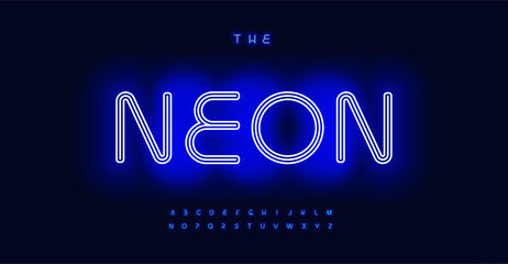 Leinwandbilder - Blue Neon alphabet, luminous vibrant typeface, nightlife electrifying glow. Font for club logos, casino signs, captivating headlines. Vector typeset.