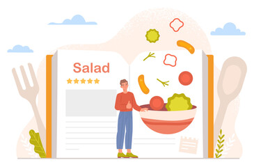 Man with book of recipes concept. Young guy near plate with salad and place for notes. Ingredients, cooking homemade and healthy food. Natural and organic products. Cartoon flat vector illustration