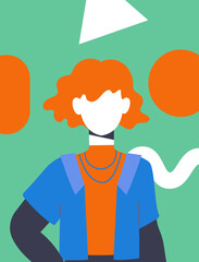 Wall Mural - Fashion abstract cover with girl concept. Woman in fashionable clothes at background of geometric figures. Minimalistic creativity and art. Glamor and style. Cartoon flat vector illustration