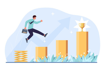 Man jump to goal concept. Young guy climbs up posts to golden cup. Leadership and motivation. Trophy, award and reward. Businessman with start up, project. Cartoon flat vector illustration