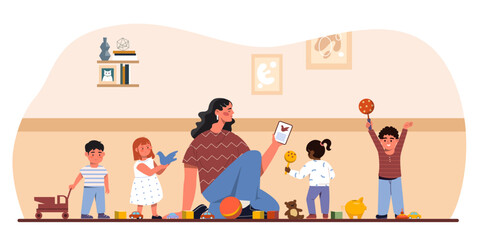 Woman in kindergarten with kids concept. Young girl with toddlers and babies. Nany with boys and girl in playroom. Education and skills development. Cartoon flat vector illustration