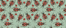 Graphic Seamless Pattern With Ladybugs And Firebugs In Red, Grey And Brown Colors On A Light Green Background. Hand Drawn Insects  Illustration With Colored Pencils Texture
