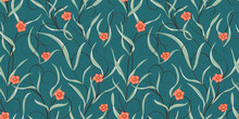Graphic Seamless Pattern With Tiny Red Flowers, Branches And Green Leaves On An Emerald Background. Hand Drawn Illustration With Colored Pencils Texture