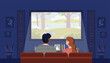 © Rudzhan - People watching movie concept. Man and woman sit on red armchairs and watch film on big screen. Series, art and creativity. Event leisure and rest, entertainment. Cartoon flat vector illustration