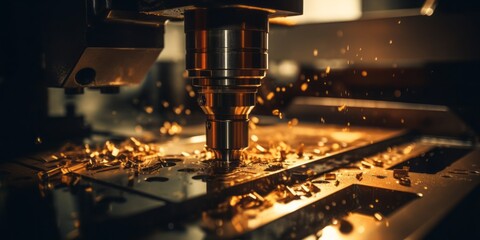 machine close up, High-Speed CNC Machine Creates Metal Parts with Precision in an Industrial Workshop, Featuring Motion Blur, Bokeh, and Dark Gold Aesthetic