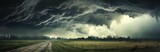 Fototapeta Tęcza - Dark cloudy sky before thunderstorm panoramic background. Storm heaven panorama. Generative AI