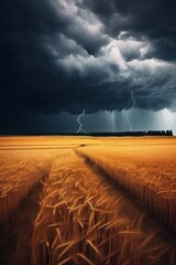 Fototapete - Dark cloudy sky before thunderstorm panoramic background. Storm heaven panorama. Generative AI