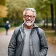 Handsome happy European man wearing glasses and smiling in the park. Portrait of a middle aged Caucasian man smiling at the camera outdoors. Good looking cheerful middle aged European male outsise.