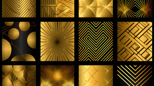 gold patterns set, abstract geometric shape backgrounds. Creative design golden patterns with retro, modern, trendy texture
